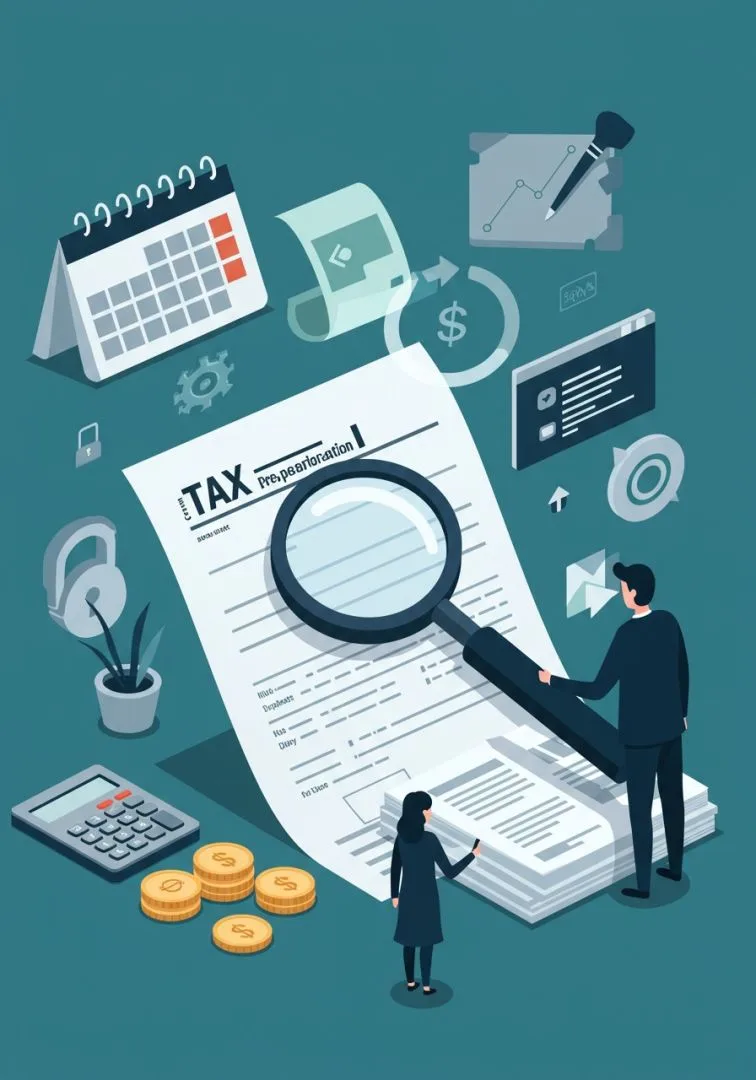 Tax preparation workspace with calculator, tax forms, and magnifying glass